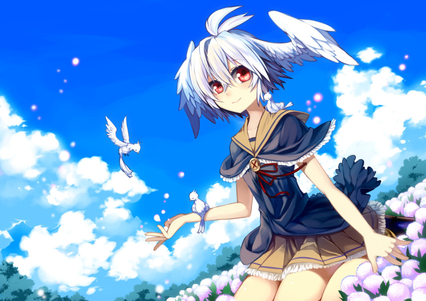 bird blue_hair blue_sky cloud commentary_request day female flower frilled_skirt frills head_wings kaida_michi light_smile original shuni_(en@rain) sitting skirt sky solo wariza wings