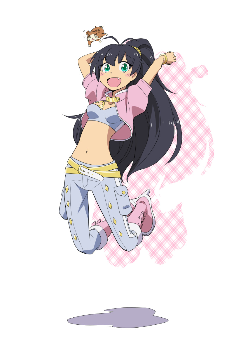 \o/ absurdres animal arms_up black_hair blush boots collarbone commentary_request denim female ganaha_hibiki green_eyes hamster hamuzou highres idolmaster idolmaster_(classic) jeans jumping long_hair midriff navel oerba_yun_fang open_mouth outstretched_arms pants pink_diamond_765_(idolmaster) pink_footwear ponytail solo strapless tube_top very_long_hair yoekosukii