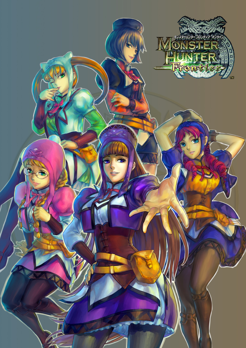 5girls absurdres bad_id bad_pixiv_id bag blonde_hair braid brown_hair foreshortening glasses goenitzchild green_eyes hands hat highres monster_hunter_(character) monster_hunter_(series) monster_hunter_frontier multiple_girls one_eye_closed pantyhose photoshop_(medium) red_hair simple_background smile