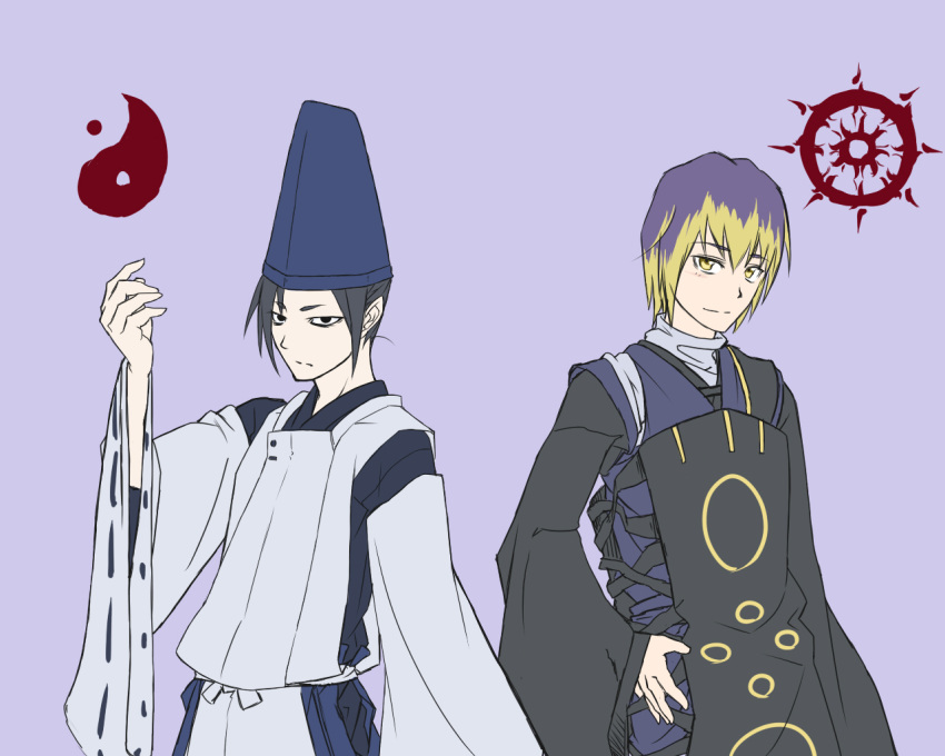 2boys black_hair commentary_request gradient_hair hat hijiri_myouren japanese_clothes multicolored_hair multiple_boys muraji_(gespenst) shingyoku_(male) shingyoku_(touhou) short_hair touhou touhou_(pc-98) yellow_eyes yin_yang