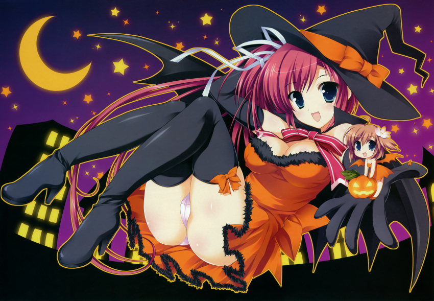 2girls :d absurdres ariko_youichi ass bare_shoulders blue_eyes boots bow breasts brown_hair cleavage crescent_moon duplicate flower halloween hat highres image_sample long_hair looking_at_viewer lying medium_breasts moon multiple_girls nakahara_akane nakahara_kaede on_back open_mouth panties pantyshot pumpkin red_hair ribbon short_hair smile star_(symbol) thigh_boots thighhighs trouble@spiral! underwear wings witch_hat yandere_sample