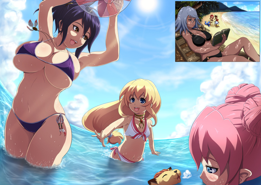 4boys 4girls ball beach bikini black_hair blonde_hair blue_eyes blush book breasts brown_eyes buried cleavage colette_brunel collarbone commentary_request corrine curvy double_bun everyone fisheye flat_chest front-tie_top fujibayashi_sheena genis_sage glasses hair_bun homura_(haku89) huge_breasts inset jewelry lloyd_irving long_hair multiple_boys multiple_girls navel necklace o-ring o-ring_bikini o-ring_bottom o-ring_top outdoors palm_tree partially_submerged photoshop_(medium) pince-nez pink_hair ponytail presea_combatir raine_sage reading regal_bryan sand see-through shade short_hair side-tie_bikini_bottom silver_hair sitting skindentation smile strap_gap sweat swimsuit tales_of_(series) tales_of_symphonia tree underboob wading water wet zelos_wilder