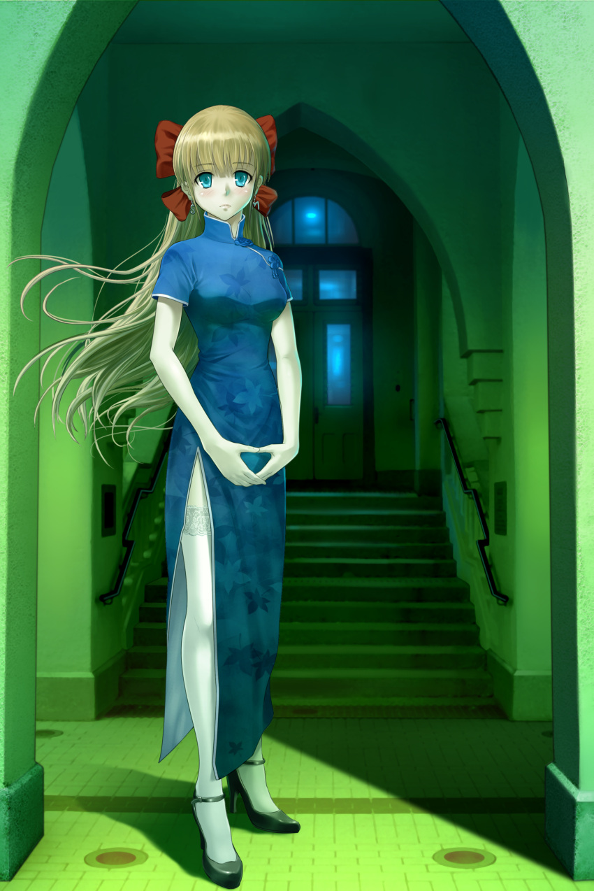 absurdres blonde_hair blue_eyes blush bow character_request china_dress chinese_clothes commentary_request denhijou_niki door dress earrings female hairbow high_heels highres jewelry kaze_no_stigma leaf leaf_print long_hair long_legs maple_leaf photoshop_(medium) shadow shoes side_slit solo stairs standing thighhighs white_thighhighs window