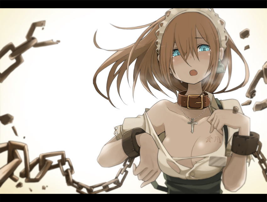 blush bondage breasts broken brown_hair chains cleavage collar collarbone commentary_request cross cuffs ear_tag female highres jewelry letterboxed maid maid_headdress medium_breasts name_tag oerba_yun_fang open_mouth original photoshop_(medium) shackles solo takagi_(tansuke) tansuke tears torn_clothes translated