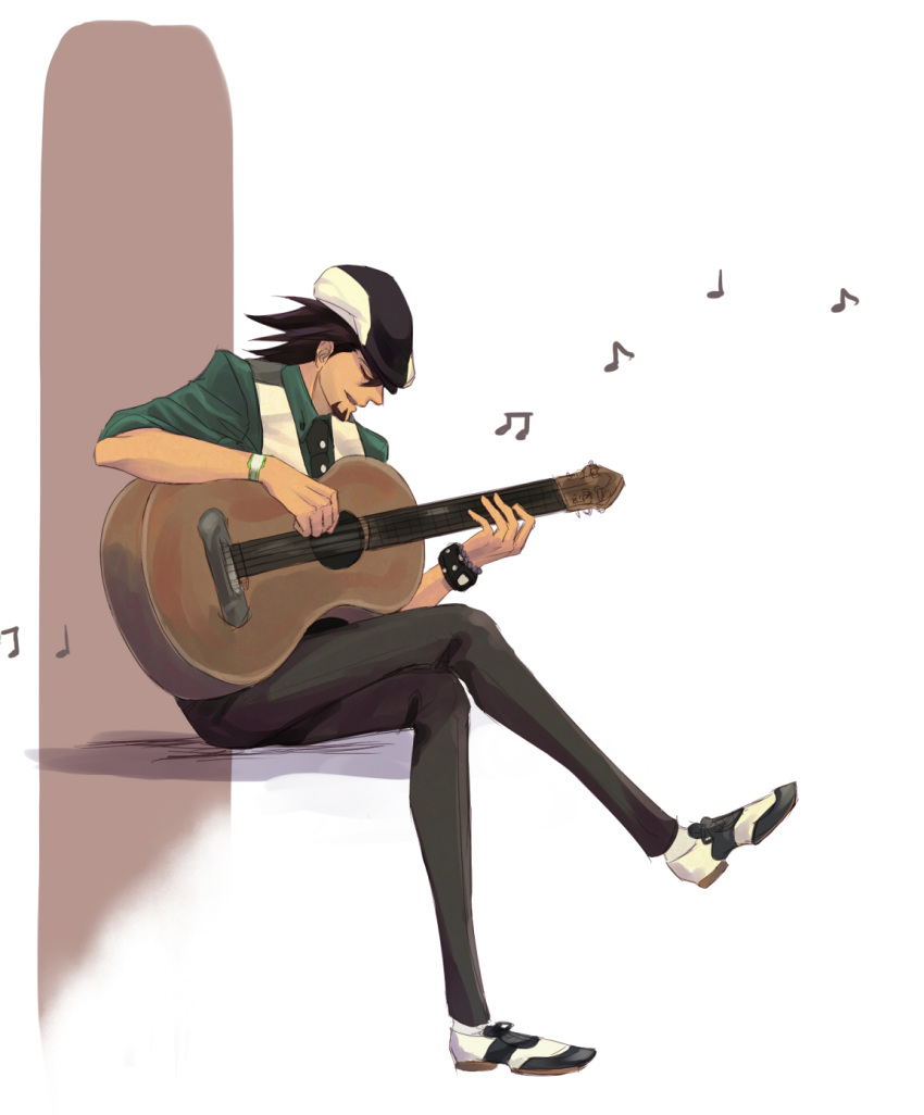 1boy acoustic_guitar bad_id bad_pixiv_id bracelet brown_hair cabbie_hat closed_eyes crossed_legs facial_hair guitar hat highres instrument jewelry kaburagi_t._kotetsu kanmuri_(cloud-ff7) male_focus musical_note necktie sitting solo stubble tiger_&_bunny vest waistcoat watch wristwatch