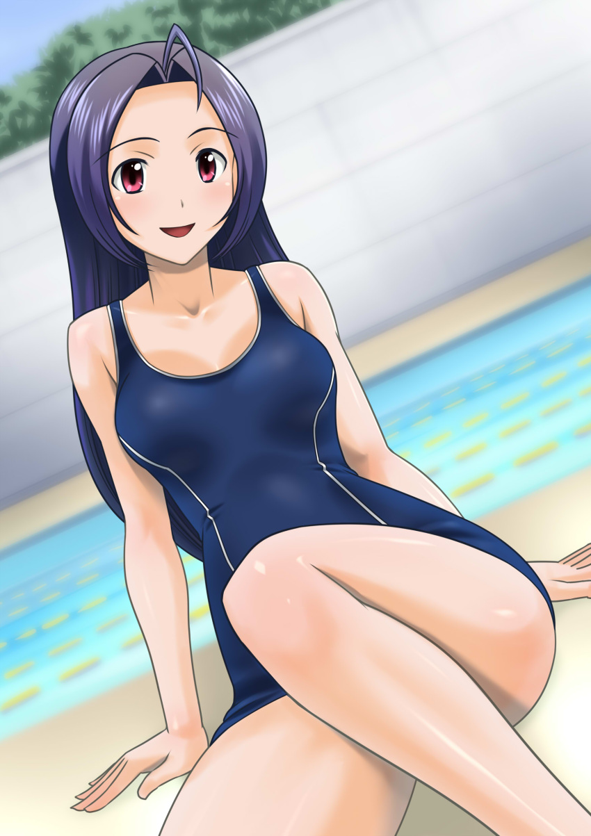 :d absurdres ahoge arm_support blue_hair blush breasts commentary_request convenient_leg day dutch_angle feet_out_of_frame female highres idolmaster idolmaster_(classic) lane_line long_hair medium_breasts miura_azusa muhi11234 one-piece_swimsuit open_mouth outdoors pool poolside red_eyes shiny_skin sitting smile solo swimsuit water