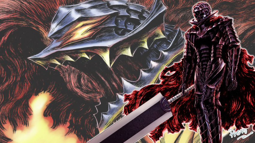 1boy armor bad_id bad_pixiv_id berserk berserker_armor black_armor cape dragonslayer_(sword) full_armor gauntlets glowing glowing_eyes guts_(berserk) helmet highres knight male_focus photoshop_(medium) prem_(555) skull solo sword weapon