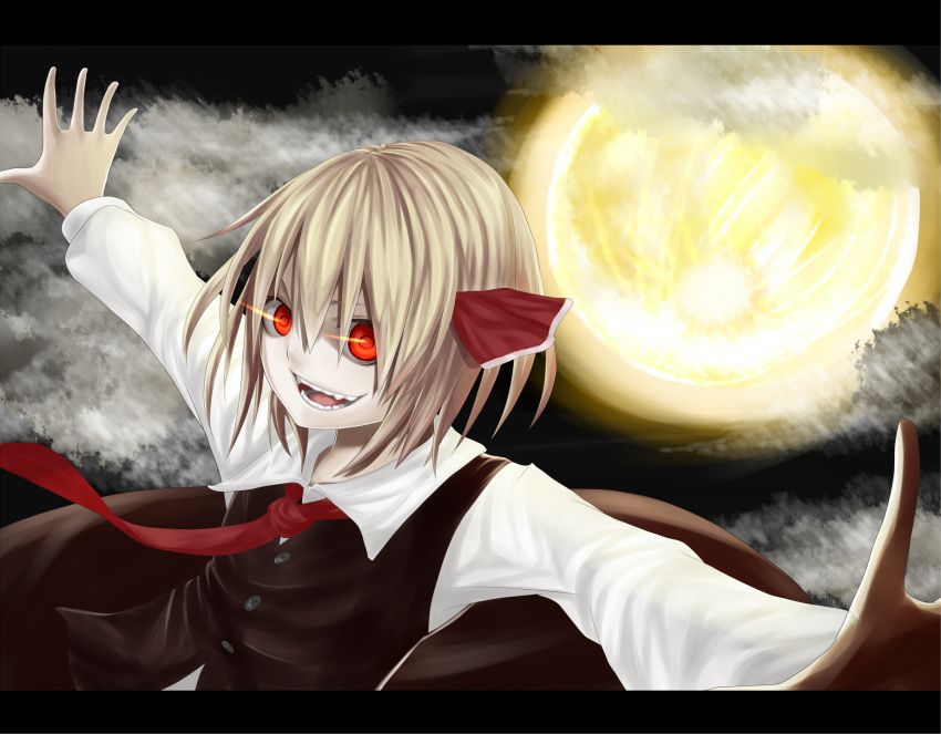 ascot blonde_hair bow cloud commentary_request dress evil_smile female full_moon hair_ribbon hairbow highres moon night oerba_yun_fang open_hands open_mouth outstretched_arms red_eyes ribbon rion_(glayjirobass) rumia short_hair skirt sky smile solo spread_arms touhou