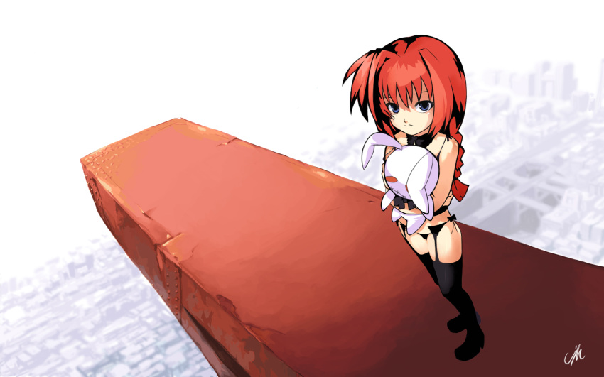 black_thighhighs blue_eyes female full_body garter_belt highres long_hair lyrical_nanoha mahou_shoujo_lyrical_nanoha_strikers noroi_usagi original photoshop_(medium) red_hair rollcake signature solo stuffed_animal stuffed_rabbit stuffed_toy thighhighs vita_(nanoha)