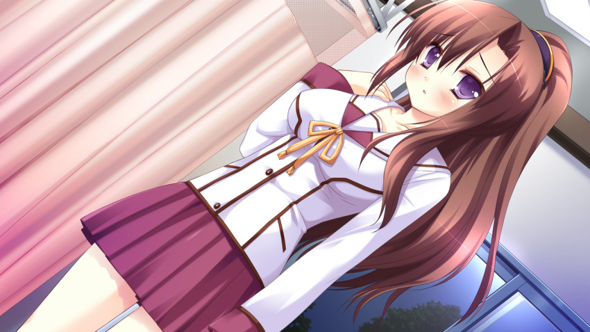 brown_hair curtains dress dutch_angle female game_cg high_ponytail hyper_highspeed_genius long_hair miyasu_risa ponytail purple_eyes school_uniform shy solo toujouin_kyouka window