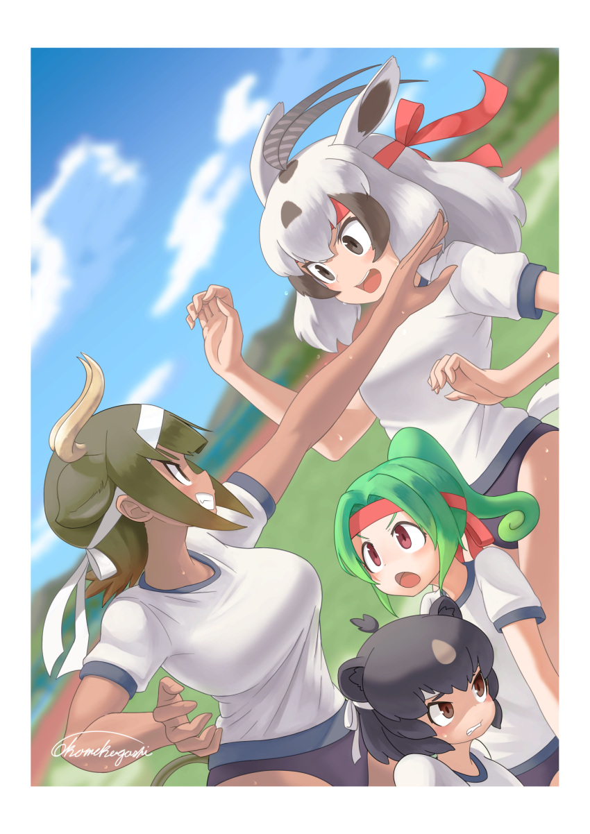 4girls :d alternate_costume animal_ears antenna_hair arabian_oryx_(kemono_friends) aurochs_(kemono_friends) bare_arms bear_ears black_eyes blurry blurry_background border brown_eyes brown_hair buruma carrying clenched_teeth commentary_request cow_ears cow_girl cow_horns cow_tail curled_horns curly_hair dark-skinned_female dark_skin dutch_angle extra_ears furrowed_brow gazelle_ears green_hair grin hachimaki headband high_ponytail highres horns japanese_black_bear_(kemono_friends) kemono_friends long_hair looking_at_another looking_up medium_hair multicolored_hair multiple_girls okome_kogashi open_mouth outstretched_arm panther_chameleon_(kemono_friends) red_eyes shaded_face shirt short_sleeves signature smile sportswear sweat tail taut_clothes taut_shirt teeth two-tone_hair v-shaped_eyebrows white_border white_hair