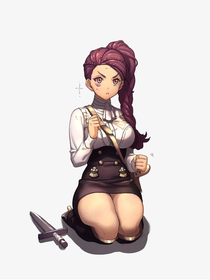 :< bag black_footwear boots braid braided_ponytail breasts clenched_hands commentary_request dirty dirty_clothes dirty_face facepaint female fire_emblem fire_emblem:_three_houses full_body garreg_mach_monastery_uniform hair_pulled_back high_heel_boots high_heels highres knee_boots long_hair long_sleeves looking_at_viewer medium_breasts moyashi_mou2 neckerchief petra_macneary purple_eyes seiza shadow shoulder_bag simple_background sitting skirt solo sparkle sword thighs weapon white_background