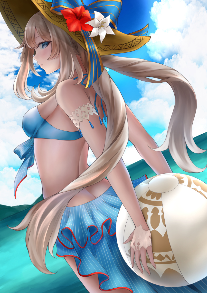 absurdres ball beachball blonde_hair blue_sky blush breasts day fate/grand_order fate_(series) female flower from_side hat hat_flower highres long_hair looking_at_viewer marie_antoinette_(fate) marie_antoinette_(swimsuit_caster)_(fate) marie_antoinette_(swimsuit_caster)_(third_ascension)_(fate) numaguro_(tomokun0808) outdoors parted_lips sarong sideboob sky small_breasts solo straw_hat swimsuit very_long_hair