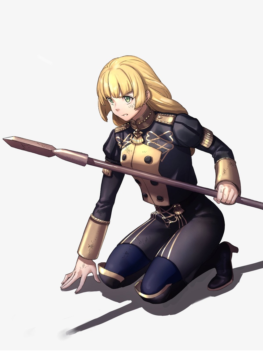 black_footwear blonde_hair blue_pantyhose blunt_bangs boots breasts clenched_teeth commentary_request dirty dirty_clothes dirty_face female fire_emblem fire_emblem:_three_houses full_body garreg_mach_monastery_uniform green_eyes high_heel_boots high_heels highres ingrid_brandl_galatea knee_boots kneeling long_hair long_sleeves medium_breasts moyashi_mou2 pantyhose polearm shadow simple_background skirt solo spear teeth weapon white_background