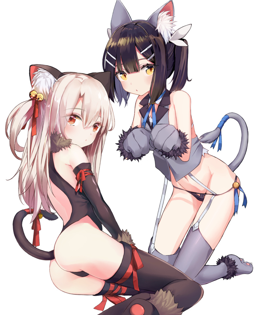 2girls animal_ears ass bare_shoulders bbci black_gloves black_hair black_thighhighs blonde_hair blush breasts cat_ears cat_tail commentary fate/kaleid_liner_prisma_illya fate_(series) gloves hair_ornament hairclip highres illyasviel_von_einzbern illyasviel_von_einzbern_(beast_style) long_hair looking_at_viewer miyu_edelfelt miyu_edelfelt_(beast_style) multiple_girls navel official_alternate_costume open_mouth red_eyes ribbon simple_background small_breasts tail thighhighs twintails white_background yellow_eyes