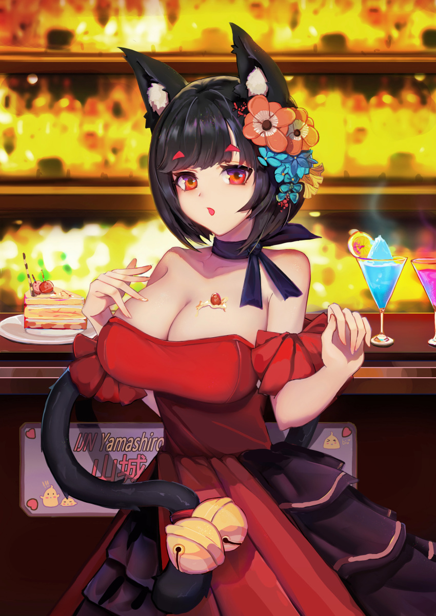 absurdres animal_ear_fluff animal_ears azur_lane bare_shoulders bell black_hair breasts cat_ears cat_tail character_name cleavage collarbone commentary_request dress female flower food_on_body food_on_breasts hair_flower hair_ornament hands_up highres indoors jianshu jingle_bell large_breasts looking_at_viewer mismatched_eyebrows official_alternate_costume open_mouth photoshop_(medium) red_dress red_eyes solo tail tail_bell tail_ornament yamashiro_(azur_lane) yamashiro_(dressy_black_cat)_(azur_lane)