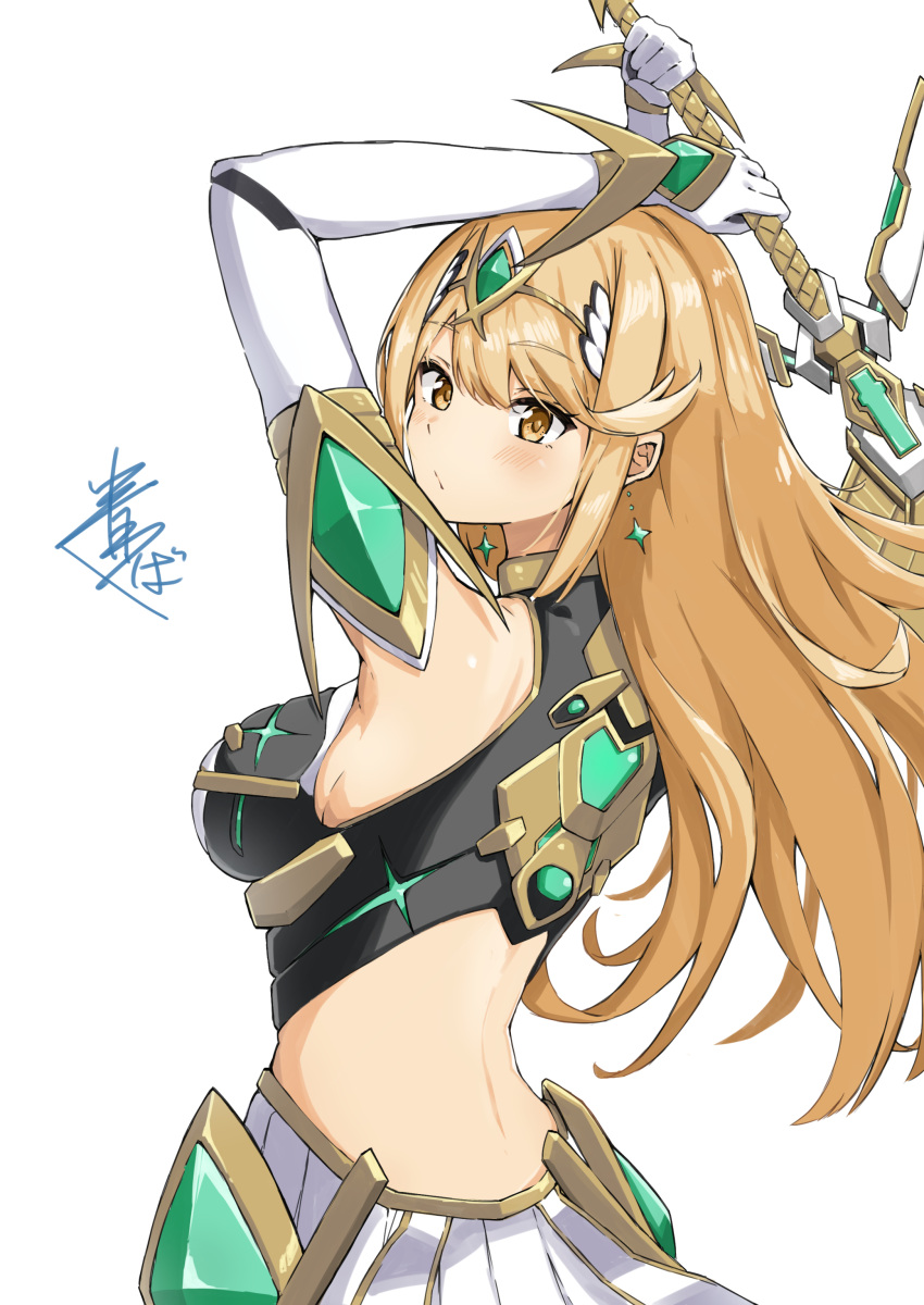 absurdres aegis_sword_(xenoblade) aotsuba bare_shoulders blonde_hair breasts dress earrings elbow_gloves female gloves highres jewelry large_breasts long_hair mythra_(xenoblade) simple_background solo swept_bangs tiara upper_body very_long_hair white_background white_dress white_gloves xenoblade_chronicles_(series) xenoblade_chronicles_2 yellow_eyes