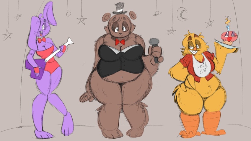 2022 animatronic anthro avian avian_feet barefoot beak bear bib big_breasts bird black_clothing black_topwear bonnie_(fnaf) bootyjam bottomless bow_tie breast_size_difference breasts brown_body brown_fur buckteeth chica_(fnaf) chicken cleavage clothed clothing crotch_tuft cupcake_(fnaf) digital_media_(artwork) electronics eyelashes feet female fingers five_nights_at_freddy's floppy_ears freddy_(fnaf) fur galliform gallus_(genus) grey_background group guitar hand_on_hip hat head_tuft headgear headwear holding_microphone holding_object huge_breasts lagomorph leotard leporid looking_at_viewer lop_ears machine mammal microphone mtf_crossgender musical_instrument navel one_eye_closed one_eye_obstructed open_mouth overweight overweight_anthro overweight_female phasianid pink_clothing pink_leotard playing_guitar playing_music plucked_string_instrument purple_body purple_fur rabbit red_clothing red_shirt red_topwear robot rule_63 scottgames sharp_teeth shirt simple_background string_instrument teeth thick_thighs toothed_beak top_hat topwear trio tuft wide_hips wink winking_at_viewer yellow_body yellow_fur