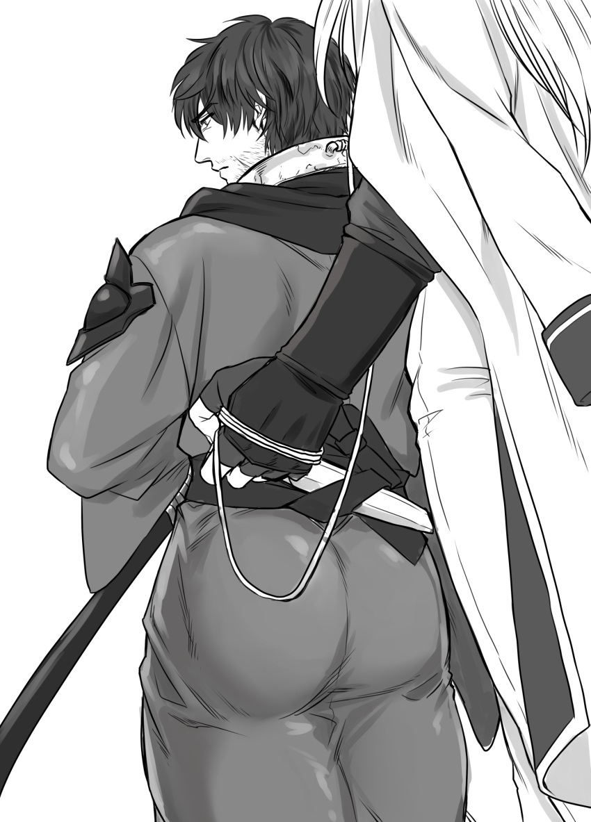 2boys adventurer_(ff14) ass ass_focus back closed_mouth collar facial_hair final_fantasy final_fantasy_xiv greyscale highres holding holding_knife holding_weapon hyur japanese_clothes kimono knife male_focus metal_collar monochrome multiple_boys samurai_(final_fantasy) short_hair warrior_of_light_(ff14) weapon yomotsuki_road