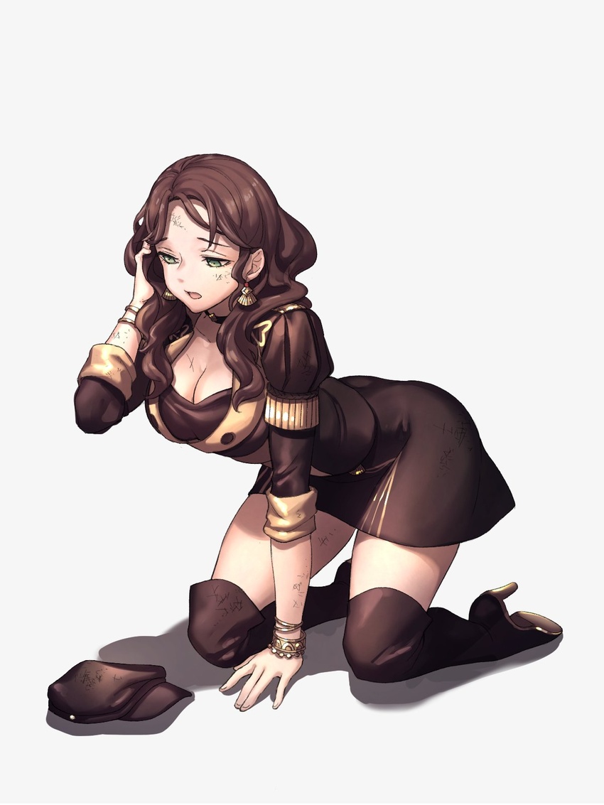 black_footwear boots bracelet breasts brown_hair cleavage commentary_request dirty dirty_face dorothea_arnault earrings female fire_emblem fire_emblem:_three_houses full_body garreg_mach_monastery_uniform green_eyes hand_in_own_hair hat high_heel_boots high_heels highres injury jewelry knee_boots kneeling large_breasts long_hair long_sleeves moyashi_mou2 open_mouth simple_background sleeves_rolled_up solo thighs unworn_hat unworn_headwear white_background