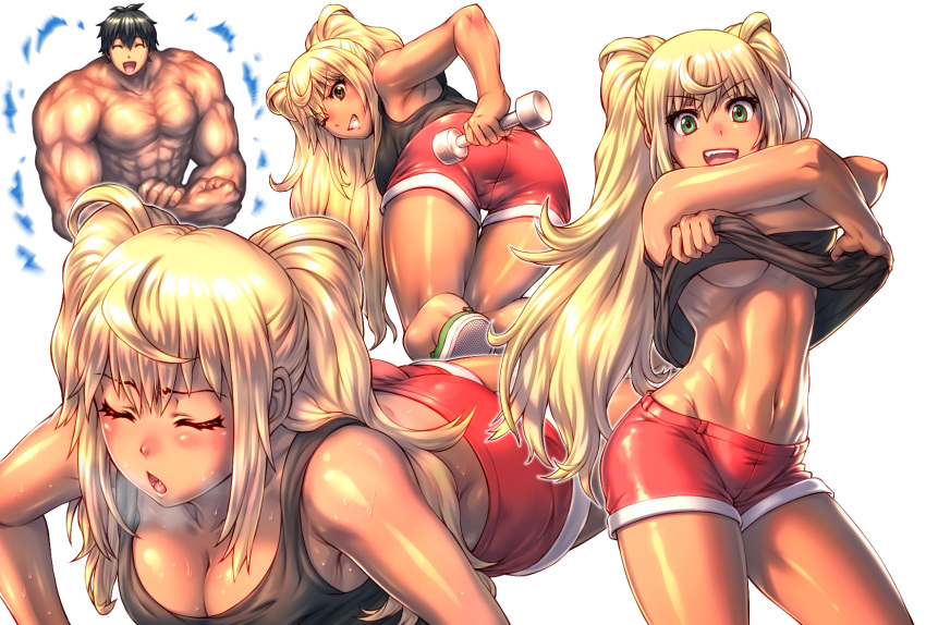 1boy abs all_fours armpits bent_over black_tank_top blonde_hair blush breasts cleavage closed_eyes clothes_lift commentary contrapposto cowboy_shot dark-skinned_female dark_skin dumbbell dumbbell_nan_kilo_moteru? exercising female green_eyes heavy_breathing highres kuroshio_(zung-man) large_breasts linea_alba looking_at_viewer looking_back machio_naruzou muscular no_bra no_socks one_eye_closed push-ups red_shorts sakura_hibiki shirt_lift short_shorts shorts simple_background smile stomach tank_top twintails underboob undressing white_background