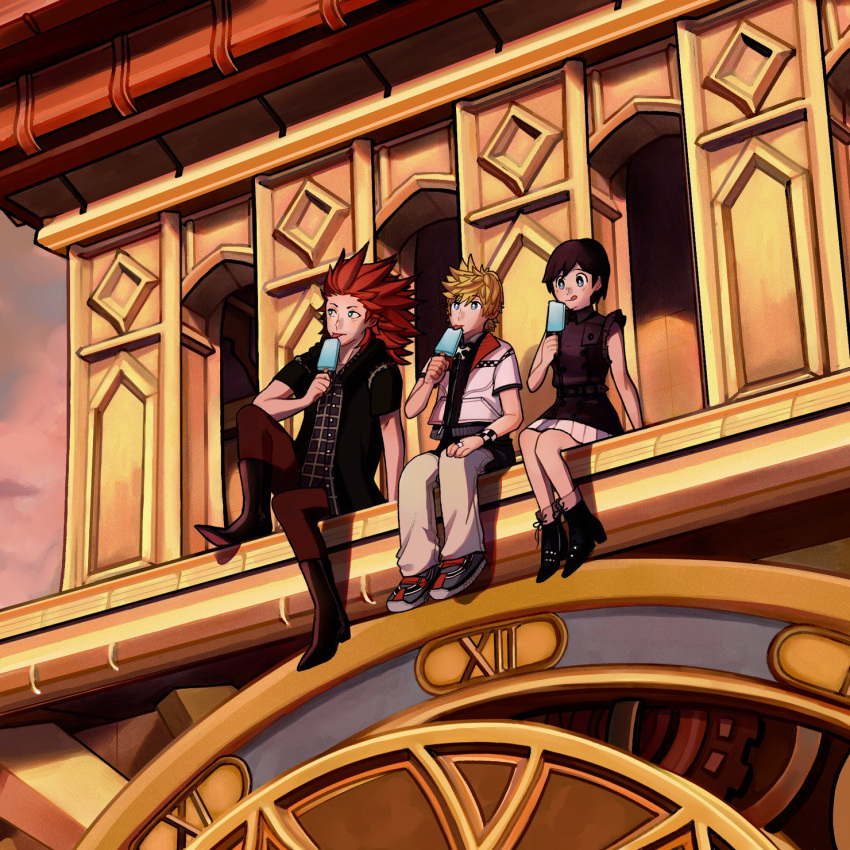 2boys arm_support bad_id bad_twitter_id black_hair blonde_hair blue_eyes boots clock clock_tower female fettuchi food foot_dangle green_eyes highres ice_cream jacket jewelry kingdom_hearts kingdom_hearts_iii knee_up lea_(kingdom_hearts) licking licking_lips looking_afar multiple_boys outdoors popsicle red_hair ring roman_numeral roxas shoes short_hair sitting skirt sneakers spiked_hair sunset tongue tongue_out tower wristband xion_(kingdom_hearts)