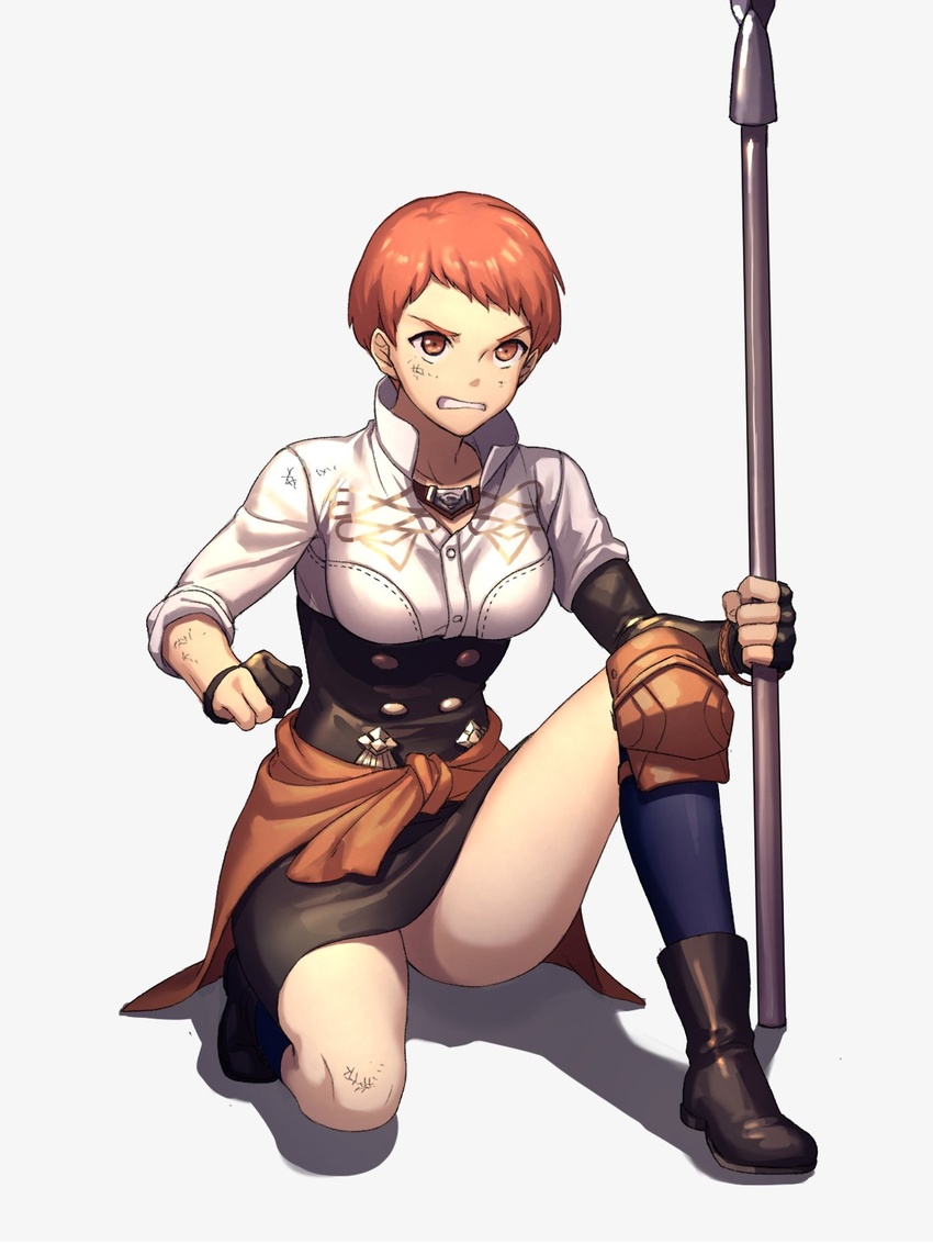 black_footwear black_gloves blue_socks boots breasts clenched_teeth commentary_request dirty dirty_clothes dirty_face female fingerless_gloves fire_emblem fire_emblem:_three_houses full_body garreg_mach_monastery_uniform gloves highres knee_pads kneehighs leonie_pinelli medium_breasts moyashi_mou2 on_one_knee orange_eyes orange_hair polearm shadow short_hair simple_background skirt sleeves_rolled_up socks solo spear teeth thighs waist_cape weapon white_background