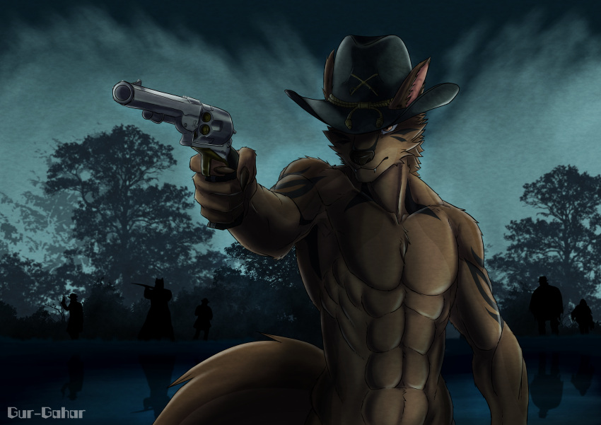 absurd_res anthro canid canine canis claws coyote digital_media_(artwork) fur gun gur-gahar handgun hi_res looking_at_viewer male mammal nude ranged_weapon revolver simple_background solo weapon