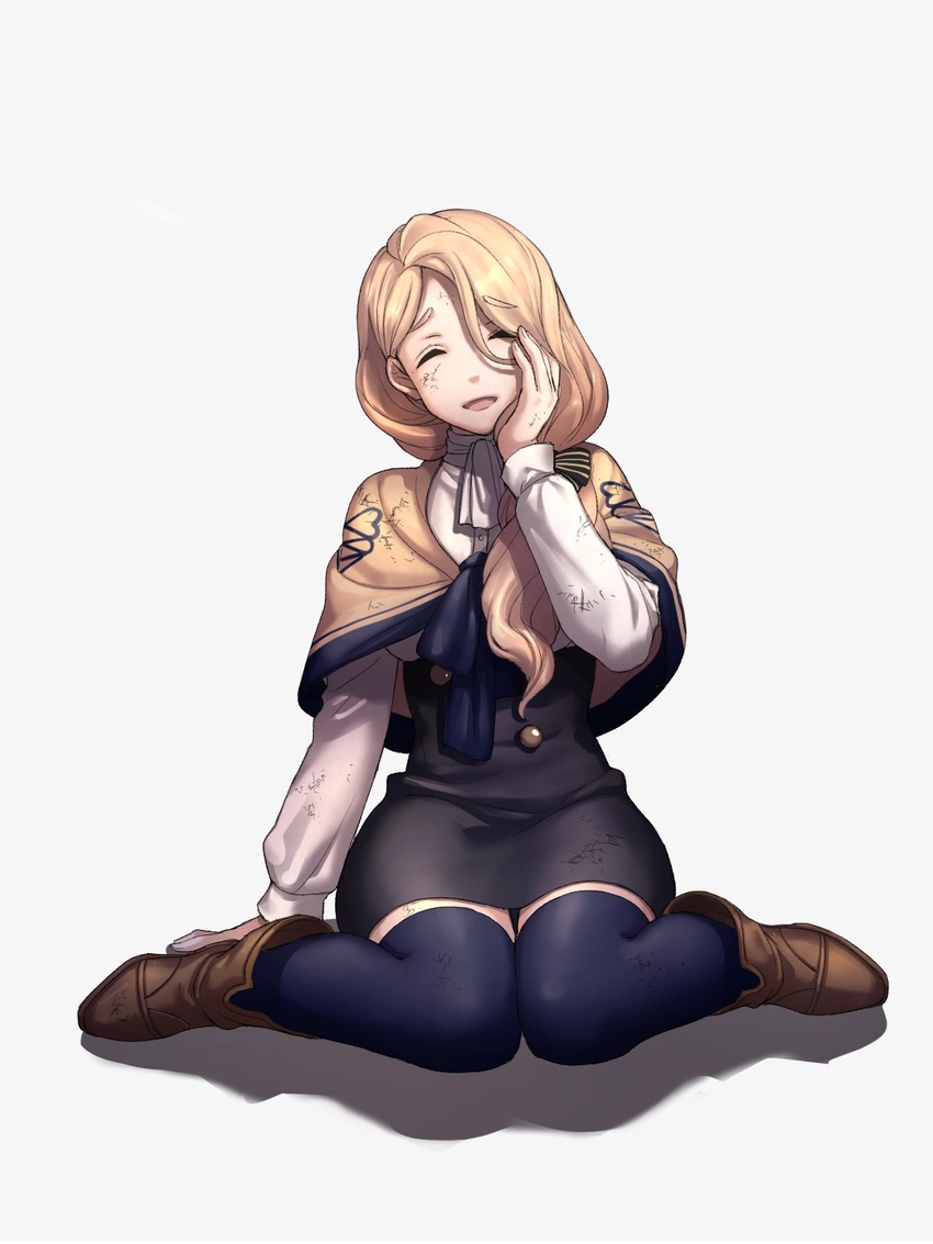 black_thighhighs blonde_hair boots bow brown_footwear closed_eyes commentary_request dirty dirty_clothes dirty_face facing_viewer female fire_emblem fire_emblem:_three_houses full_body garreg_mach_monastery_uniform hair_ribbon hairbow hand_on_own_cheek hand_on_own_face head_tilt highres leather leather_boots long_sleeves medium_hair mercedes_von_martritz moyashi_mou2 neckerchief open_mouth ribbon shadow shawl simple_background sitting skirt solo thighhighs tress_ribbon wariza white_background zettai_ryouiki