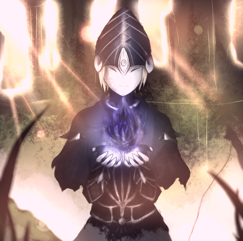 amphyampp armor blurry blurry_background cape covered_face crying dark_souls_(series) dark_souls_i female highres holding lord's_blade_ciaran mask solo_focus tears torn_cape torn_clothes