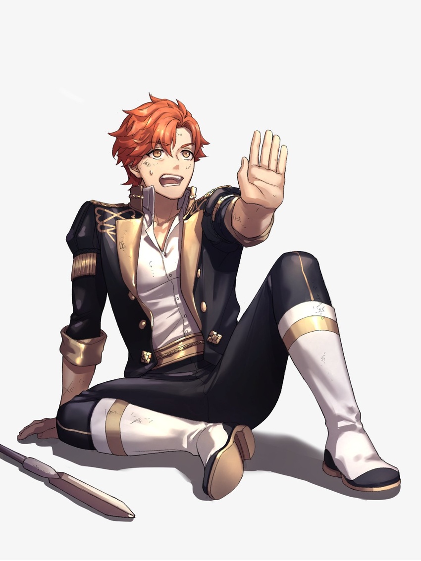 1boy asymmetrical_bangs boots coat collared_shirt commentary_request dirty dirty_clothes dirty_face fire_emblem fire_emblem:_three_houses full_body garreg_mach_monastery_uniform highres long_sleeves male_focus moyashi_mou2 open_mouth orange_eyes orange_hair outstretched_hand pants polearm shadow shirt simple_background sitting solo spear sweatdrop sylvain_jose_gautier weapon white_background white_footwear