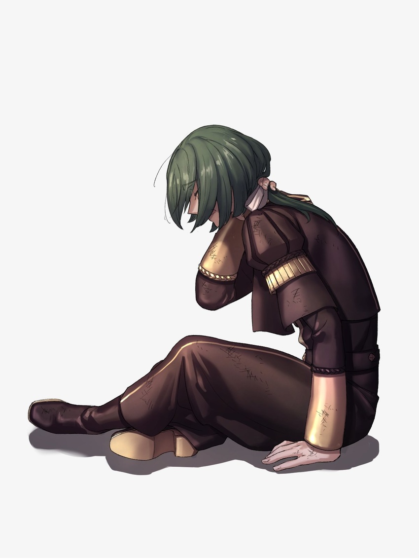 1boy black_footwear boots closed_eyes commentary_request dirty dirty_clothes dirty_face fire_emblem fire_emblem:_three_houses full_body garreg_mach_monastery_uniform green_hair hand_on_own_neck highres linhardt_von_hevring long_sleeves male_focus medium_hair moyashi_mou2 open_mouth pants ponytail profile rubbing_neck shadow simple_background sitting solo white_background