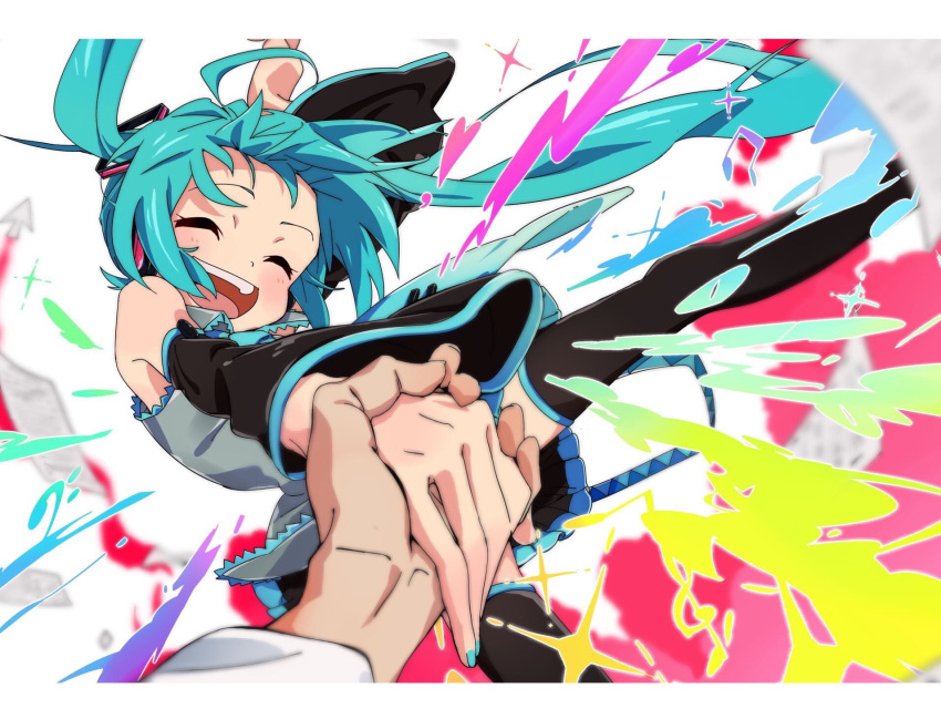 :d ^_^ bad_id bad_twitter_id bare_shoulders bass_clef beamed_eighth_notes black_legwear black_skirt blue_hair blue_nails blurry border closed_eyes colorful cursor depth_of_field detached_sleeves eyelashes female fingernails floating_hair gradient grey_shirt happy hatsune_miku heart highres holding_hands long_hair long_sleeves musical_note open_mouth out_of_frame paper pleated_skirt pov pov_hands pulling satou_asuka sheet_music shirt skirt sleeveless sleeveless_shirt smile solo_focus sparkle teeth thighhighs tongue treble_clef twintails upper_teeth_only very_long_hair vocaloid white_border wind wind_lift