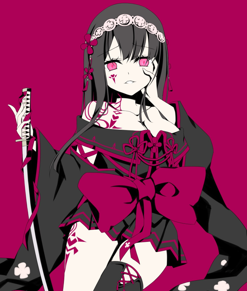 arm_tattoo asymmetrical_legwear bad_id bad_twitter_id bare_shoulders black_dress black_hair bow breasts cleavage collarbone commentary_request dress facial_tattoo female floral_print flower_knot hair_ornament hairband hand_on_own_face highres holding holding_sword holding_weapon kageuchi_suishinshi_masahide_(tenka_hyakken) katana long_hair looking_at_viewer nyaromaru off-shoulder_dress off_shoulder parted_lips purple_background purple_bow purple_eyes purple_trim raised_eyebrows ribbon sidelocks solo sword tattoo tenka_hyakken weapon wide_sleeves