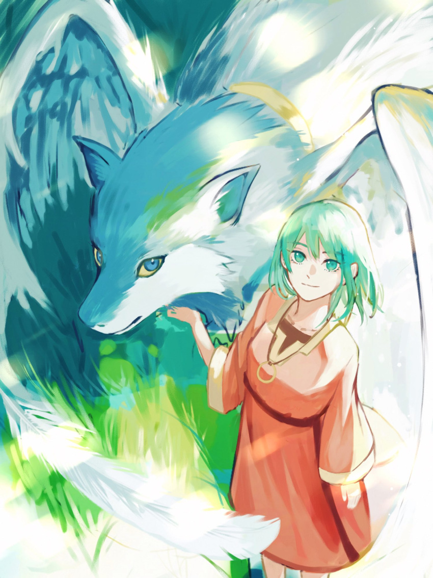 animal_ears beastlord_(kemono_no_souja_no_erin) blue_eyes bracelet collarbone dress erin_(kemono_no_souja_erin) feathered_wings feathers female grass green_eyes green_hair highres hisame_258 jewelry kemono_no_souja_erin lilan_(kemono_no_souja_erin) looking_at_viewer necklace outdoors red_dress short_hair smile wings