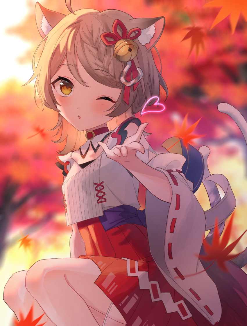 ;o animal_ear_fluff animal_ears asymmetrical_clothes asymmetrical_hair autumn autumn_leaves bell blowing_kiss braid braided_bangs cat_girl detached_collar detached_sleeves euphoniummatsu falling_leaves female hair_bell hair_ornament hair_ribbon heart heterochromia highres japanese_clothes leaf light_brown_hair maple_leaf nekomata one_eye_closed outdoors prism_project puckered_lips ribbon single_sleeve solo suzune_nia virtual_youtuber yellow_eyes