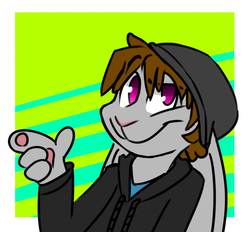 anthro beanie black_clothing black_hat black_headwear black_sweatshirt blue_background blue_clothing blue_shirt blue_topwear brown_hair clothing fur green_background grey_body grey_fur hair hat headgear headwear hoodie jae_the_bunny lagomorph leporid male mammal pawpads pink_nose pink_pawpads purple_eyes rabbit shirt simple_background smile solo tinydeerguy topwear