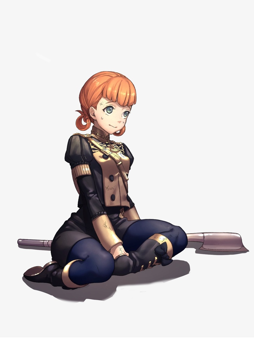 annette_fantine_dominic axe black_footwear blue_pantyhose blunt_bangs boots breasts commentary_request dirty dirty_clothes dirty_face female fire_emblem fire_emblem:_three_houses full_body garreg_mach_monastery_uniform grey_eyes hair_rings highres long_sleeves moyashi_mou2 orange_hair pantyhose shadow short_hair simple_background sitting skirt small_breasts solo sweatdrop white_background