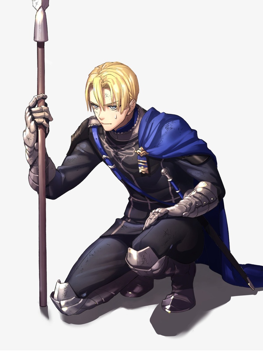 1boy armored_boots blonde_hair boots cape commentary_request dimitri_alexandre_blaiddyd dirty dirty_clothes dirty_face fire_emblem fire_emblem:_three_houses full_body garreg_mach_monastery_uniform gauntlets grey_eyes highres knee_boots long_sleeves male_focus moyashi_mou2 on_one_knee pants polearm scabbard shadow sheath sheathed simple_background solo spear sweatdrop sword weapon white_background