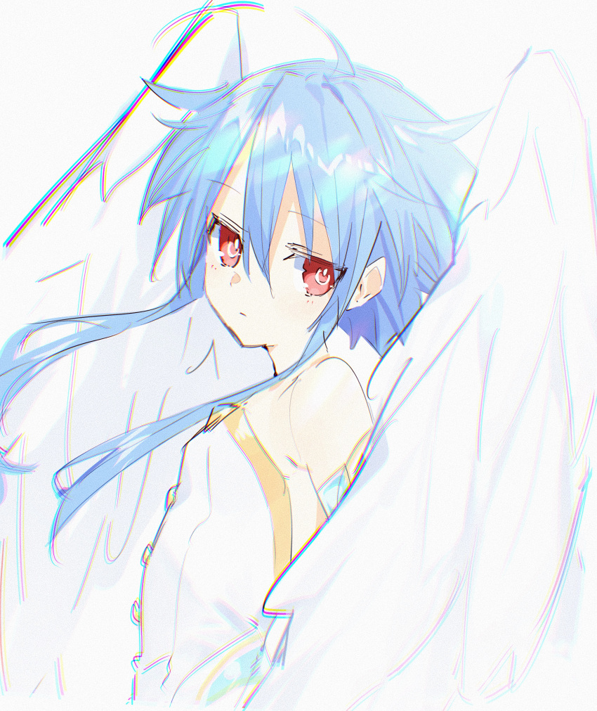 absurdres ahoge angel_wings bare_shoulders blue_hair blush buran_buta closed_mouth expressionless feathered_wings female four_goddesses_online:_cyber_dimension_neptune hair_between_eyes highres light_blue_hair looking_at_viewer looking_to_the_side neptune_(series) power_symbol power_symbol-shaped_pupils red_eyes short_hair_with_long_locks sidelocks simple_background solo symbol-shaped_pupils upper_body white_background white_heart_(neptunia) white_wings wings