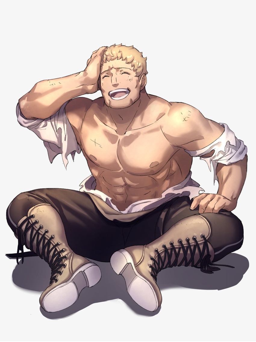 1boy abs bare_pectorals blonde_hair boots closed_eyes commentary_request cross-laced_footwear dirty dirty_clothes dirty_face facing_viewer fire_emblem fire_emblem:_three_houses full_body garreg_mach_monastery_uniform hand_on_own_head highres laughing male_focus manly moyashi_mou2 muscular muscular_male nipples open_mouth pants pectorals raphael_kirsten shadow shirt simple_background sitting smile solo torn_clothes torn_shirt white_background