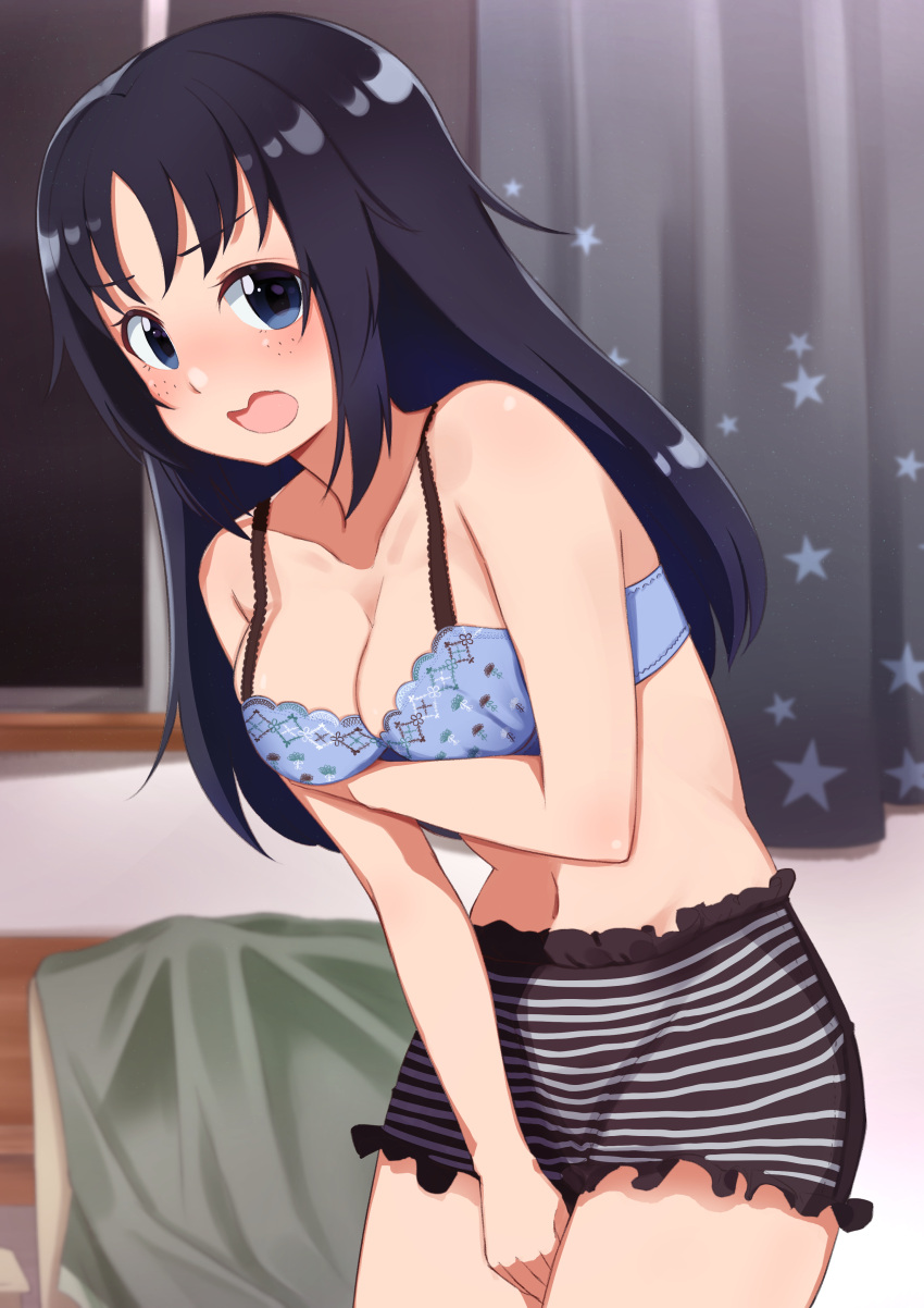 absurdres black_panties blue_bra blue_eyes blue_hair blurry blurry_background blush boyshort_panties bra breast_hold breasts cleavage commentary_request covering_privates cowboy_shot curtains embarrassed female freckles frilled_panties frills frown girls_und_panzer high-waist_panties highleg highres indoors leaning_forward long_hair looking_at_viewer medium_breasts navel open_mouth panties partial_commentary print_bra solo standing star_(symbol) star_print striped_clothes striped_panties toon_(noin) underwear underwear_only window yamagou_ayumi