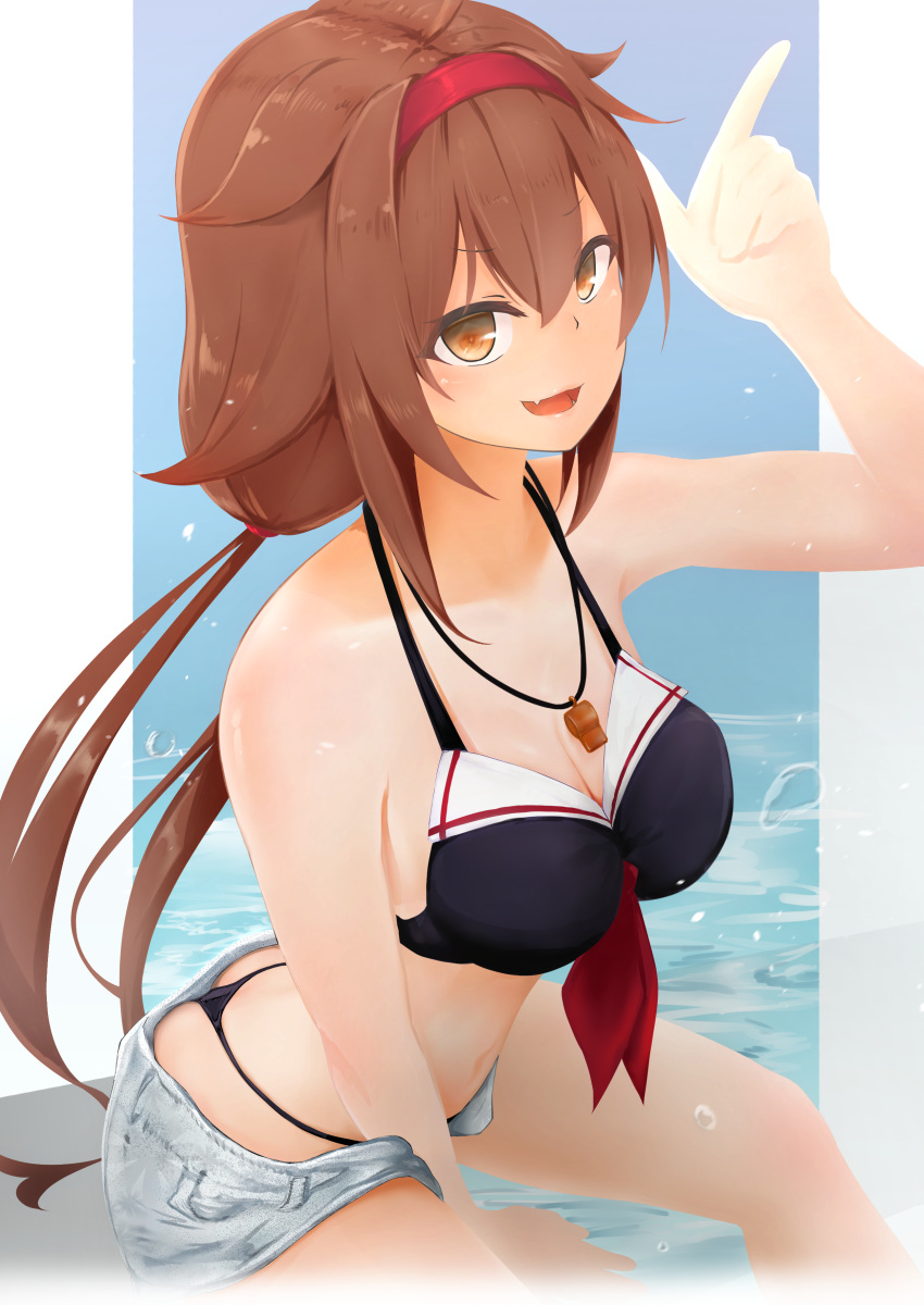 absurdres adapted_costume bikini black_bikini breasts brown_eyes brown_hair cleavage commentary_request cowboy_shot female hair_flaps hairband highres kantai_collection long_hair looking_at_viewer low_ponytail low_twintails medium_breasts oerba_yun_fang red_hairband shiratsuyu_(kancolle) shiratsuyu_(swimsuit)_(kancolle) shiratsuyu_kai_ni_(kancolle) short_ponytail shorts skin_fang solo swimsuit terebi- thong_bikini twintails whale_tail_(clothing) whistle whistle_around_neck white_shorts