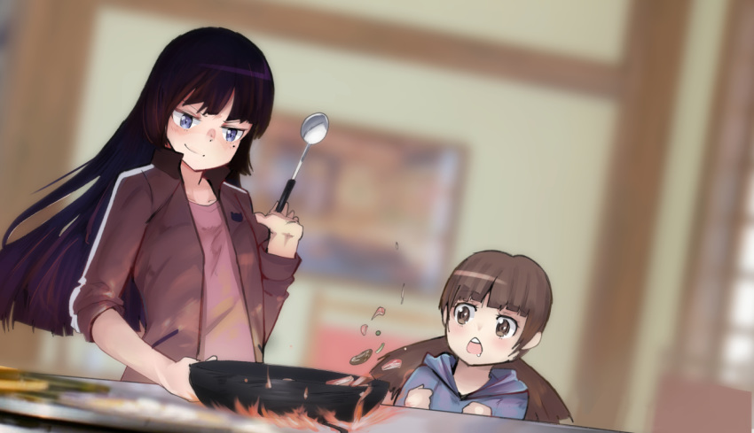 2girls bad_id bad_link black_hair blue_eyes blurry blurry_background brown_eyes brown_hair cooking drawfag food frying_pan gokou_hinata gokou_ruri hime_cut hood hood_down hoodie long_hair mole mole_under_eye multiple_girls open_mouth ore_no_imouto_ga_konna_ni_kawaii_wake_ga_nai siblings sisters smirk spoon track_suit twintails