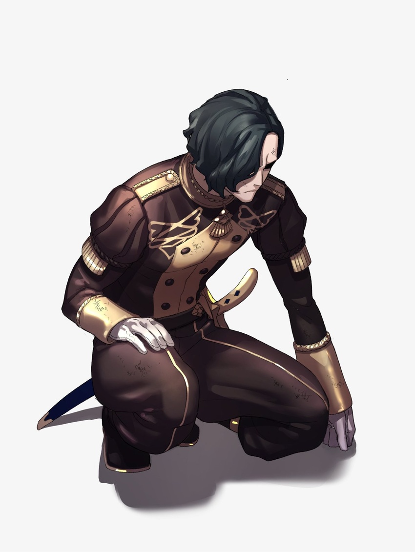 1boy belt black_hair commentary_request dirty dirty_face fire_emblem fire_emblem:_three_houses full_body garreg_mach_monastery_uniform gloves hair_over_one_eye highres hubert_von_vestra long_sleeves male_focus moyashi_mou2 pants scabbard shaded_face sheath sheathed simple_background solo squatting sword weapon white_background white_gloves