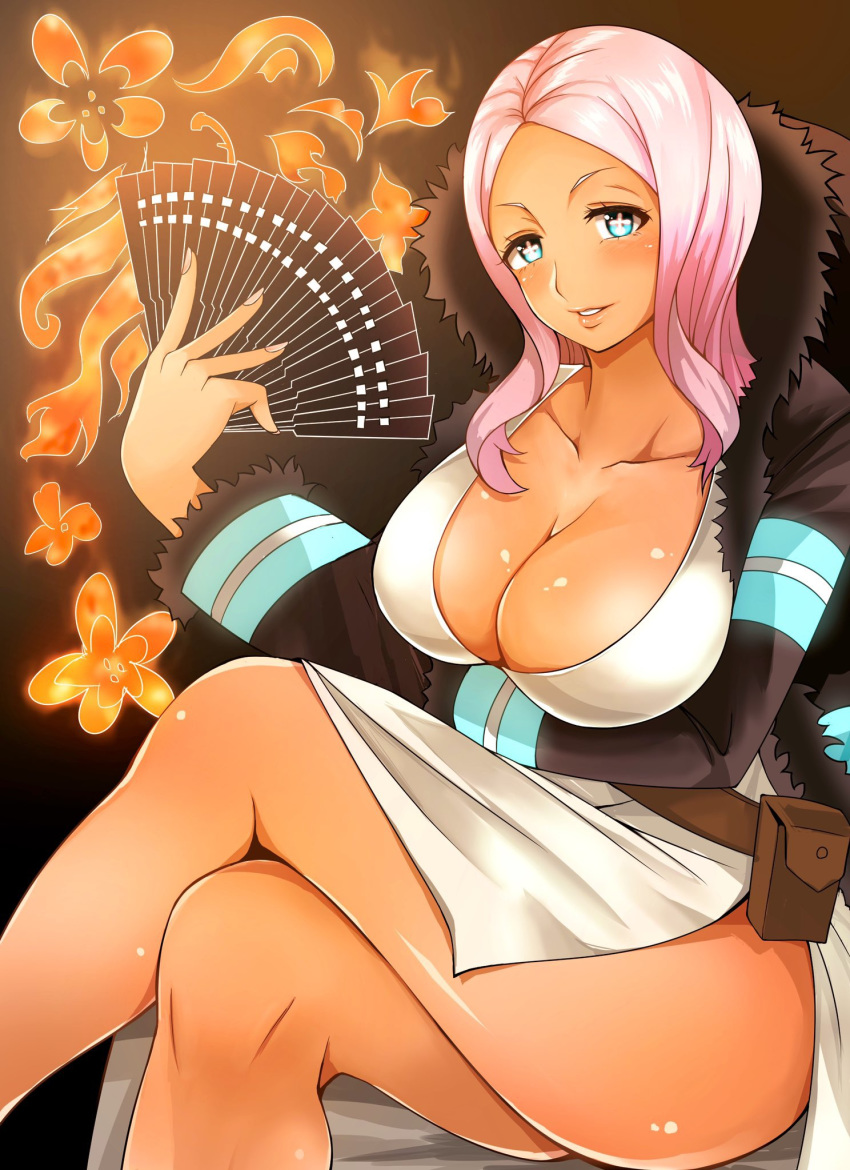 +_+ adahcm blue_eyes breast_lift breasts cleavage collarbone crossed_legs dark-skinned_female dark_skin en'en_no_shouboutai female folding_fan fur_trim hand_fan hibana_(enen_no_shoubotai) highres large_breasts long_hair long_sleeves looking_at_viewer pink_hair pouch shiny_skin sitting solo