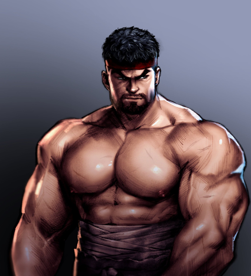 1boy abs areyoucracked bad_id bad_twitter_id bara beard black_hair closed_mouth facial_hair full_beard gradient_background headband highres large_pectorals looking_away male_focus mature_male midriff_sarashi muscular muscular_male nipples pectorals red_headband ryu_(street_fighter) sarashi short_hair simple_background solo street_fighter street_fighter_6 topless_male upper_body