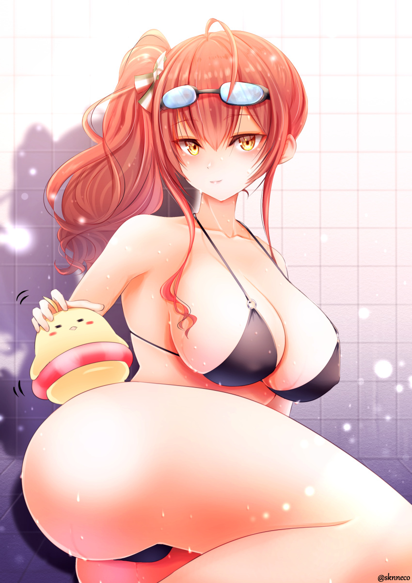 absurdres artist_name ass azur_lane bikini black_bikini breasts cleavage female goggles goggles_on_head highres indoors italian_flag large_breasts long_hair looking_at_viewer lying manjuu_(azur_lane) monneko o-ring o-ring_bikini official_alternate_costume on_side red_hair shower_(place) side_ponytail solo swimsuit thighs yellow_eyes zara_(azur_lane) zara_(poolside_coincidence)_(azur_lane)