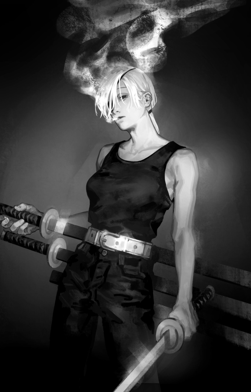 bare_arms bare_shoulders belt chainsaw_man cigarette eyepatch feet_out_of_frame female gradient_background greyscale hair_over_one_eye half-closed_eyes high-waist_pants highres holding holding_weapon katana low_ponytail monochrome multiple_swords one_eye_covered pants parted_lips ponytail quanxi_(chainsaw_man) scabbard seki_(fyfyfy) sheath sheathed shirt_tucked_in simple_background smoke smoking solo standing sword tank_top weapon