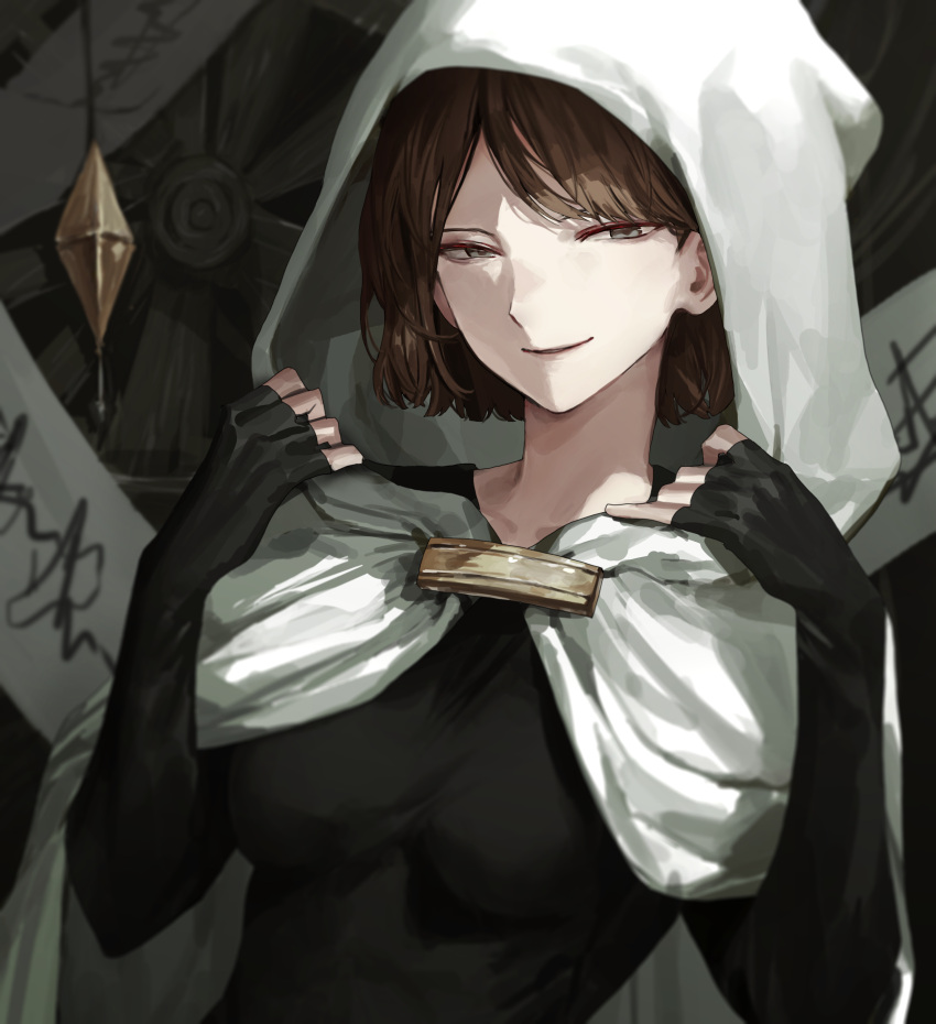 absurdres bad_id bad_pixiv_id bodysuit bodysuit_under_clothes breasts brown_hair carol0905 female green_eyes highres hood library_of_ruina looking_at_viewer medium_breasts moirai_(project_moon) paper pendulum project_moon short_hair skin_tight smile solo upper_body wheel white_hood